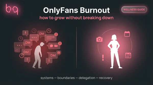 Before and after comparison of OnlyFans creator burnout — overwhelmed by notifications versus calm with systems in place