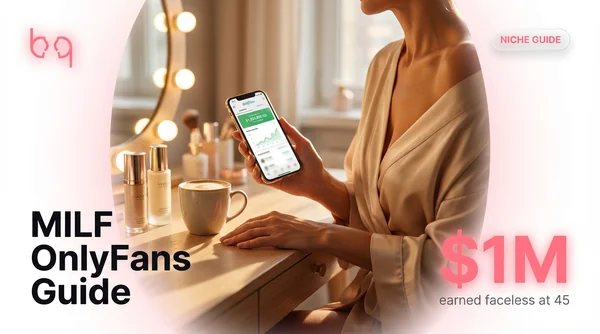 MILF OnlyFans guide — woman in silk robe checking creator earnings on phone at vanity table