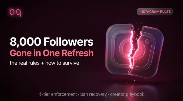 Cracked Instagram camera icon with pink light bleeding through the fracture — NSFW Instagram policy guide showing 8,000 followers lost in one refresh