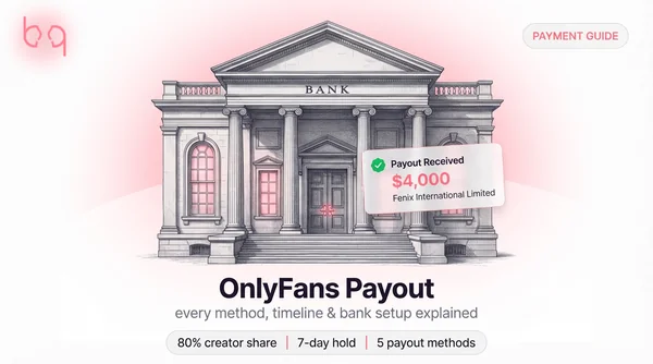 OnlyFans payout guide thumbnail showing a classical bank building illustration with a payout received notification card