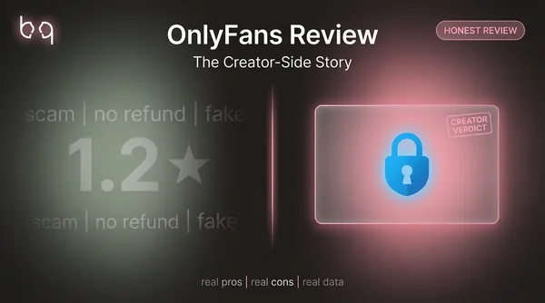 OnlyFans review 2026 — split view showing 1.2-star Trustpilot rating fading on left versus OnlyFans logo inside a B9 creator verdict inspection card on right