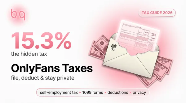 OnlyFans tax breakdown showing 15.3% self-employment tax with IRS 1099-NEC form and pink-tinted bills