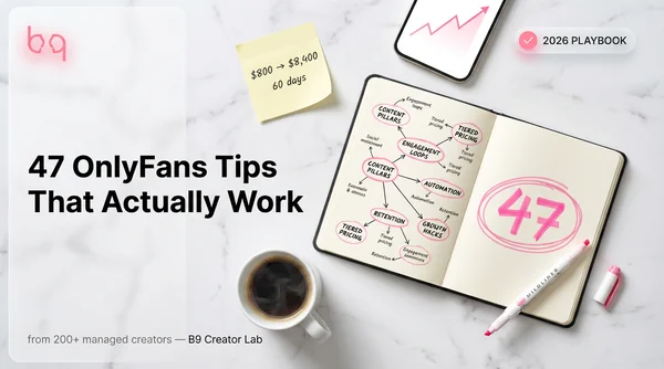 Flat-lay of a creator strategy desk with open notebook showing 47 OnlyFans tips mind map, pink highlighter, phone with revenue chart, and sticky note showing $800 to $8,400 growth