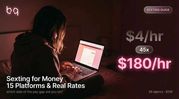 Woman at laptop in dark room with pink screen glow, showing sexting income comparison of $4 per hour versus $180 per hour