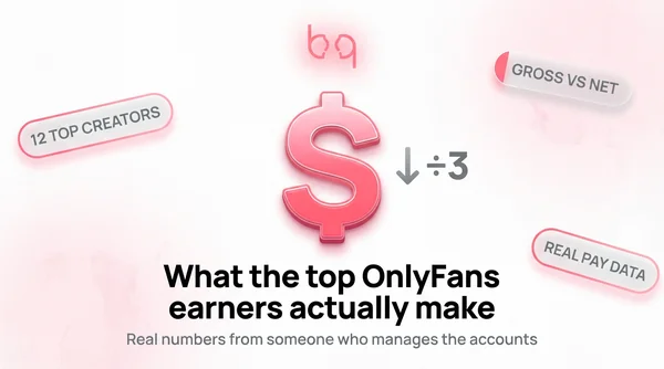 Top OnlyFans earners infographic showing a pink dollar sign with divide-by-3 symbol representing gross vs net earnings
