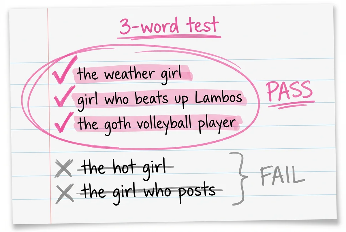 Visuelle Karten mit Markenbeispielen die den 3-Wörter-Test bestehen und durchfallen