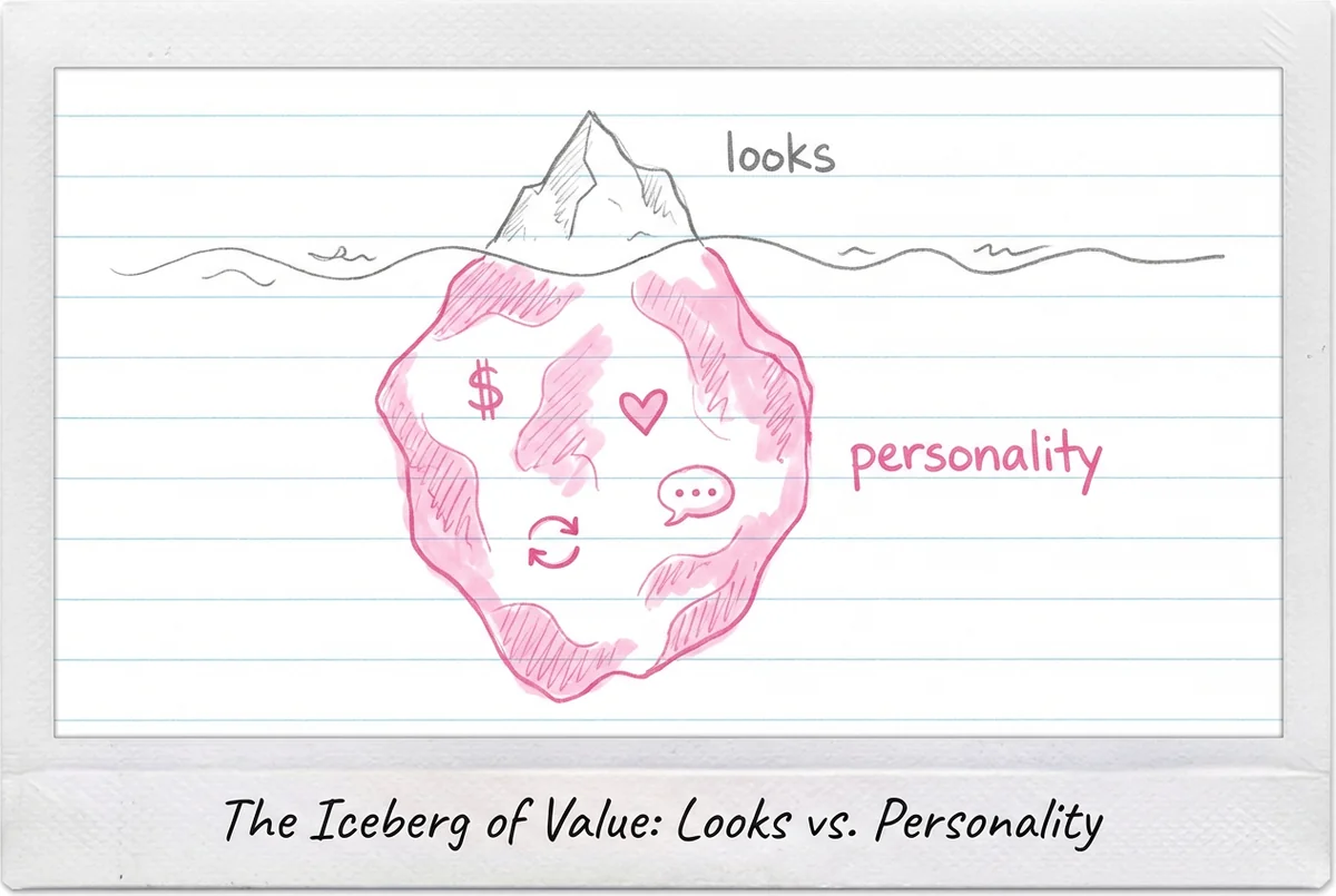 Eisberg-Metapher: Aussehen sichtbar über Wasser stoppt den Scroll, Persönlichkeit verborgen unter Wasser treibt Abonnements, Bindung und Ausgaben