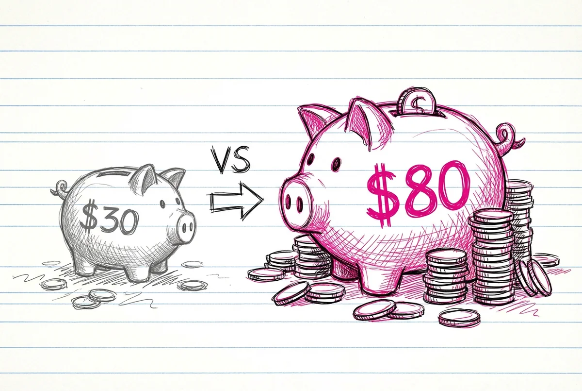 Набросок в блокноте: две копилки — маленькая серая с надписью $30 (NSFW) и большая розовая с надписью $80 (пожизненная ценность SFW)