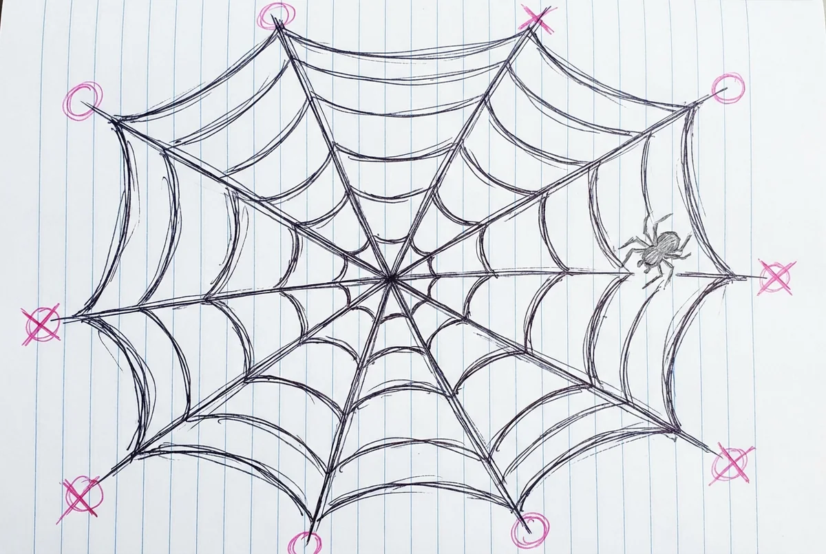 Spider web with mostly empty anchor points marked with pink X — the BDSM creator market is wide open