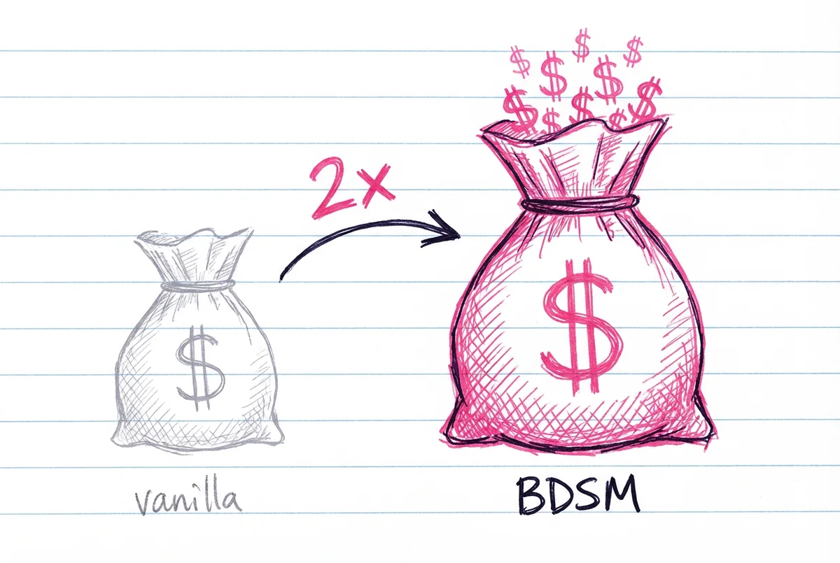 Two money bags — small grey vanilla bag vs large pink BDSM bag with 2x arrow between them