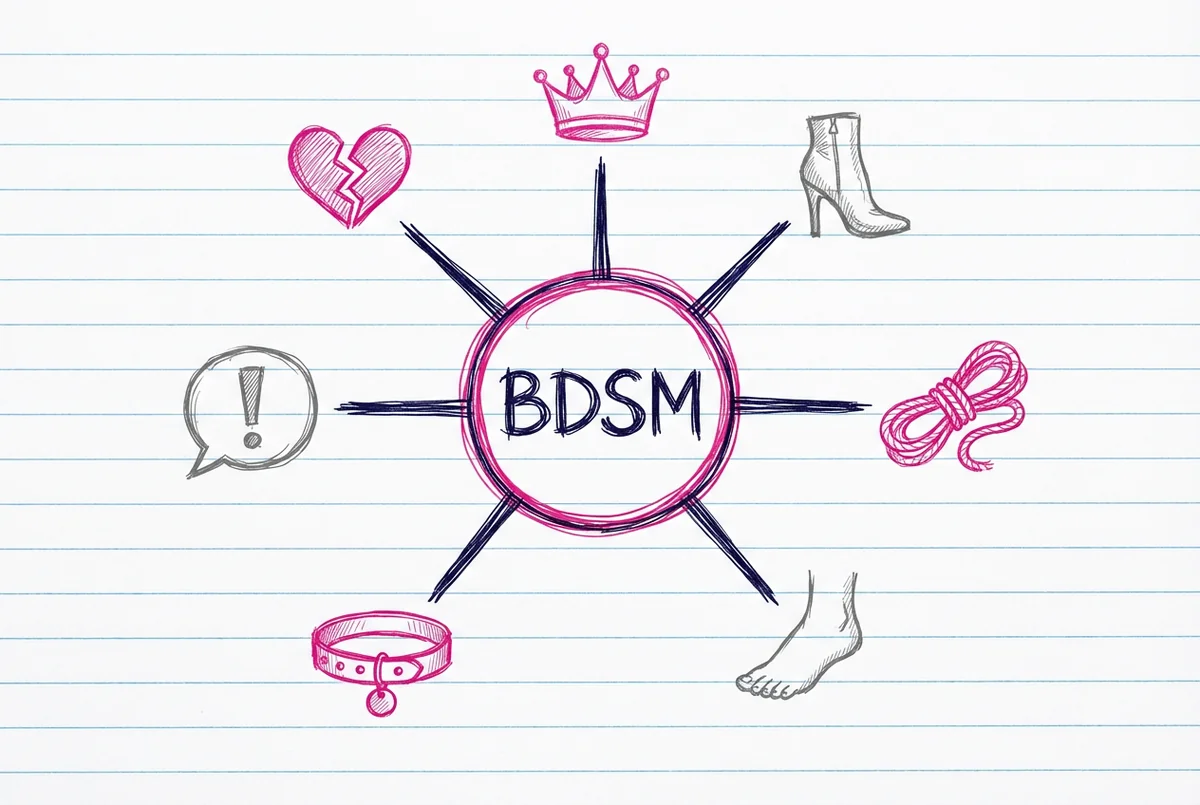 BDSM sub-niche wheel with 7 icons radiating from center — crown, boot, rope, foot, collar, speech bubble, broken heart