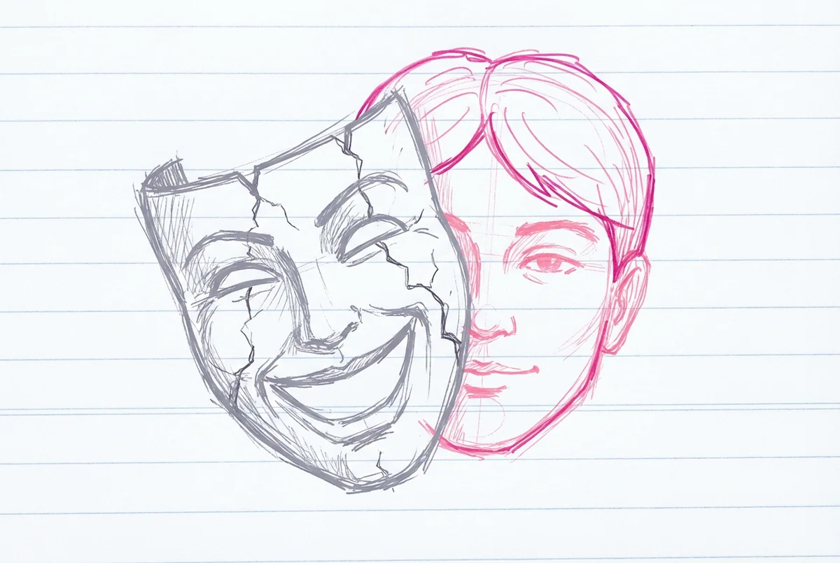 Theatre mask cracking away to reveal a calm confident face in pink — authenticity over performance