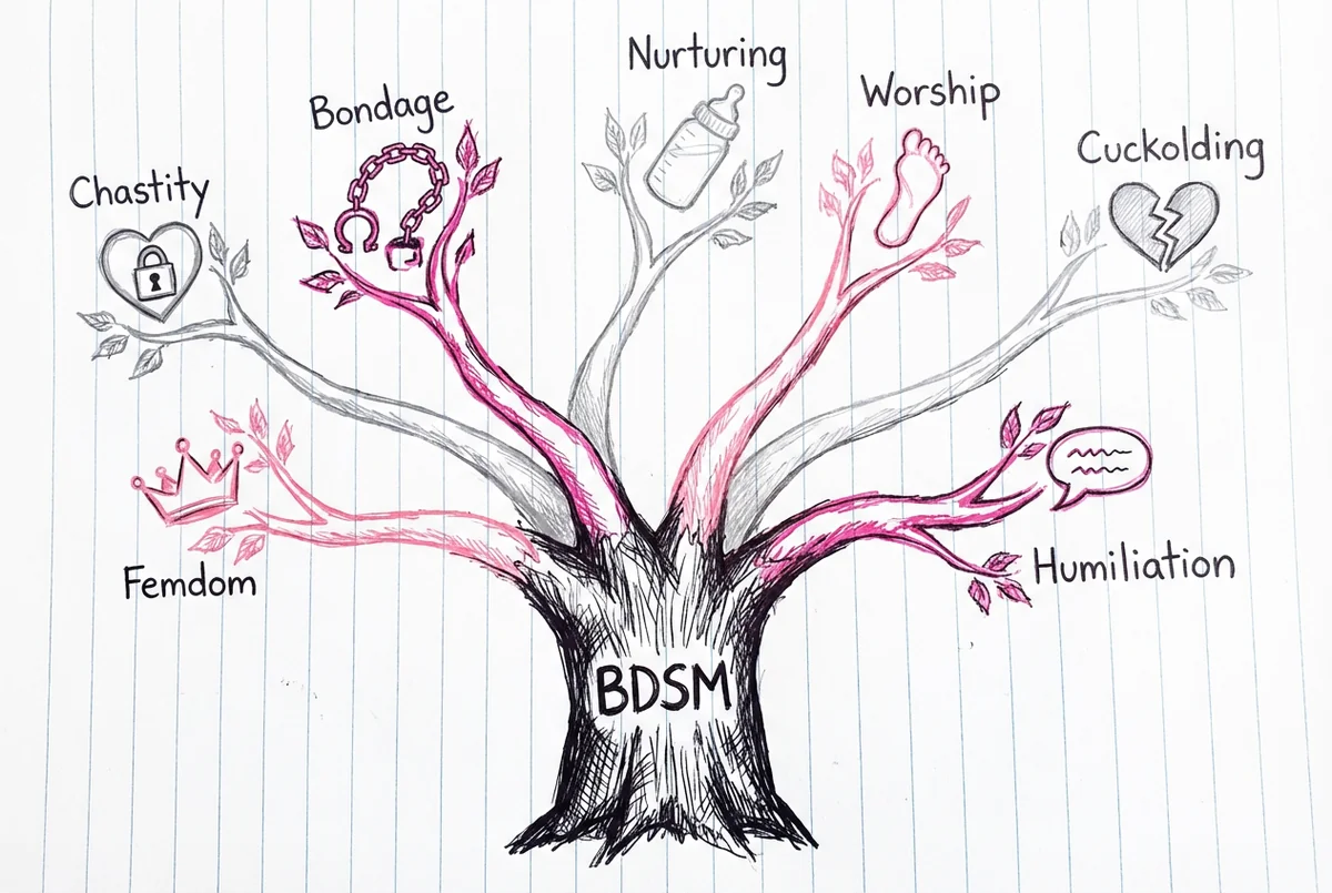 Visual map showing the 7 BDSM sub-niches with icons and brief descriptors arranged in a wheel layout