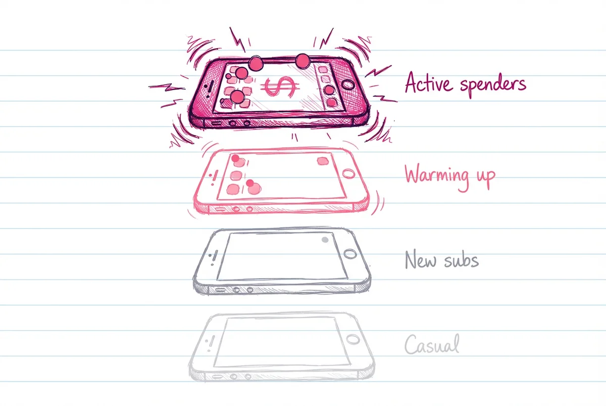 Vier gestapelte Handys zeigen die Abonnenten-Priorität — oberstes Handy vibriert pink für aktive Käufer, verblasst zu stillem Grau für gelegentliche Browser
