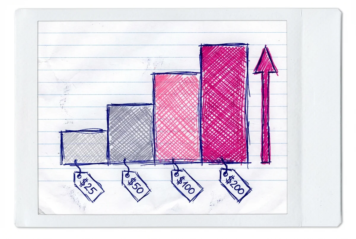 Sales-Ladder-Treppe zeigt PPV-Preiseskalation von $25 grauen Balken zu $200 pinken Balken mit Aufwärtspfeil