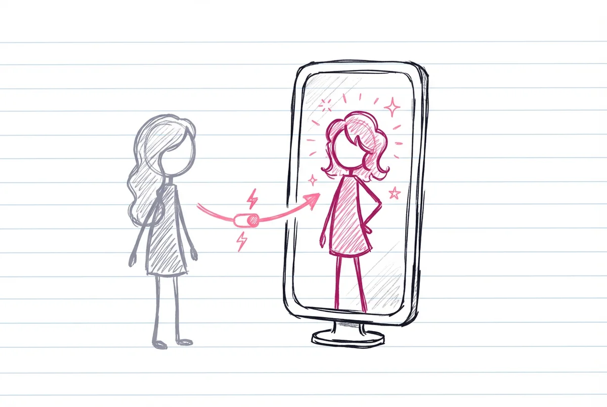 Graue Strichmännchen-Figur schaut in den Spiegel und sieht eine pinke Creator-Persona reflektiert — der Identitätswechsel vom Chatter zum Creator