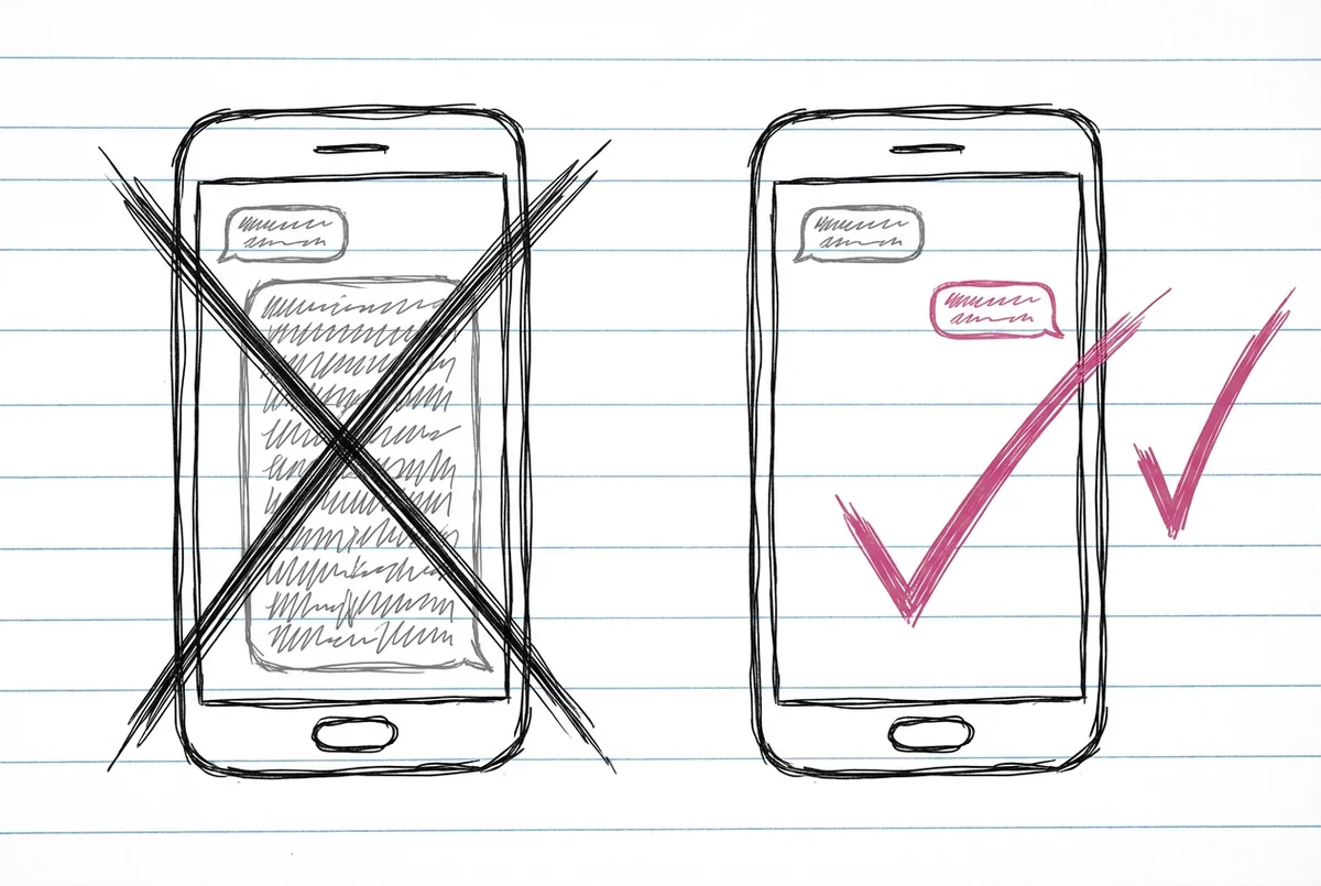 Zwei Handys nebeneinander — linkes Handy durchgestrichen zeigt unpassend lange Antwort auf kurze Nachricht, rechtes Handy mit Häkchen zeigt passend kurze Antwort