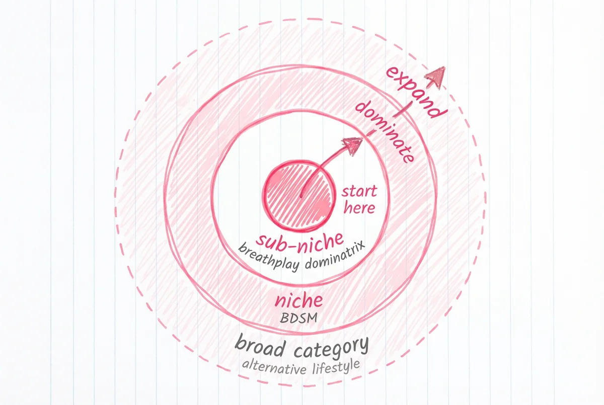 Círculos concéntricos mostrando la expansión del nicho: sub-nicho en el centro, nicho en el medio, categoría amplia por fuera
