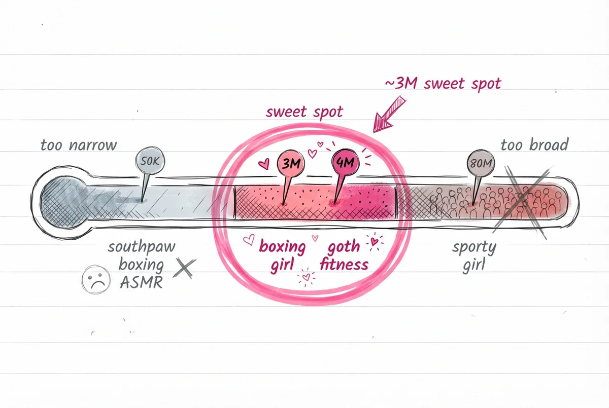 Diagrama de espectro de nicho mostrando demasiado específico a la izquierda, punto ideal en el medio, y demasiado amplio a la derecha