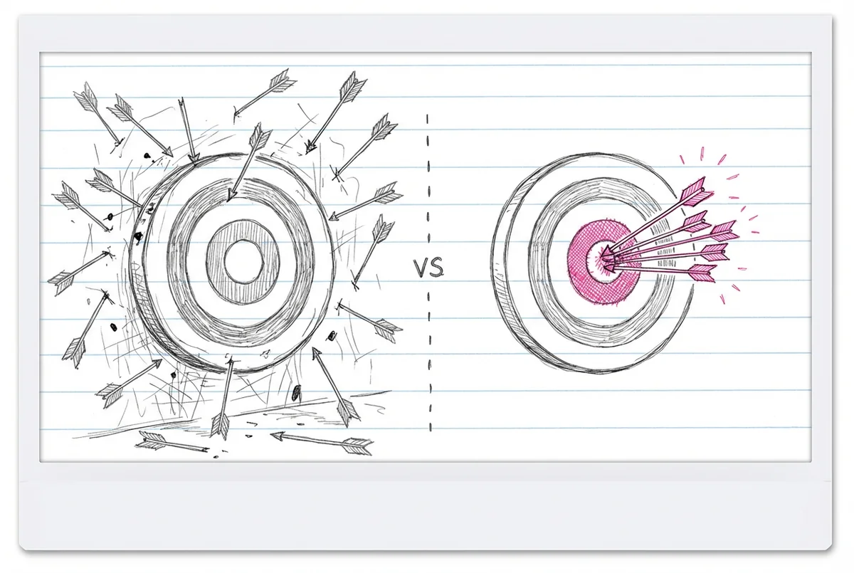 Dianas de tiro con arco dibujadas a mano en papel de cuaderno: diana gris con docenas de flechas dispersas por todas partes sin dar en el centro vs diana rosa con todas las flechas agrupadas en el centro