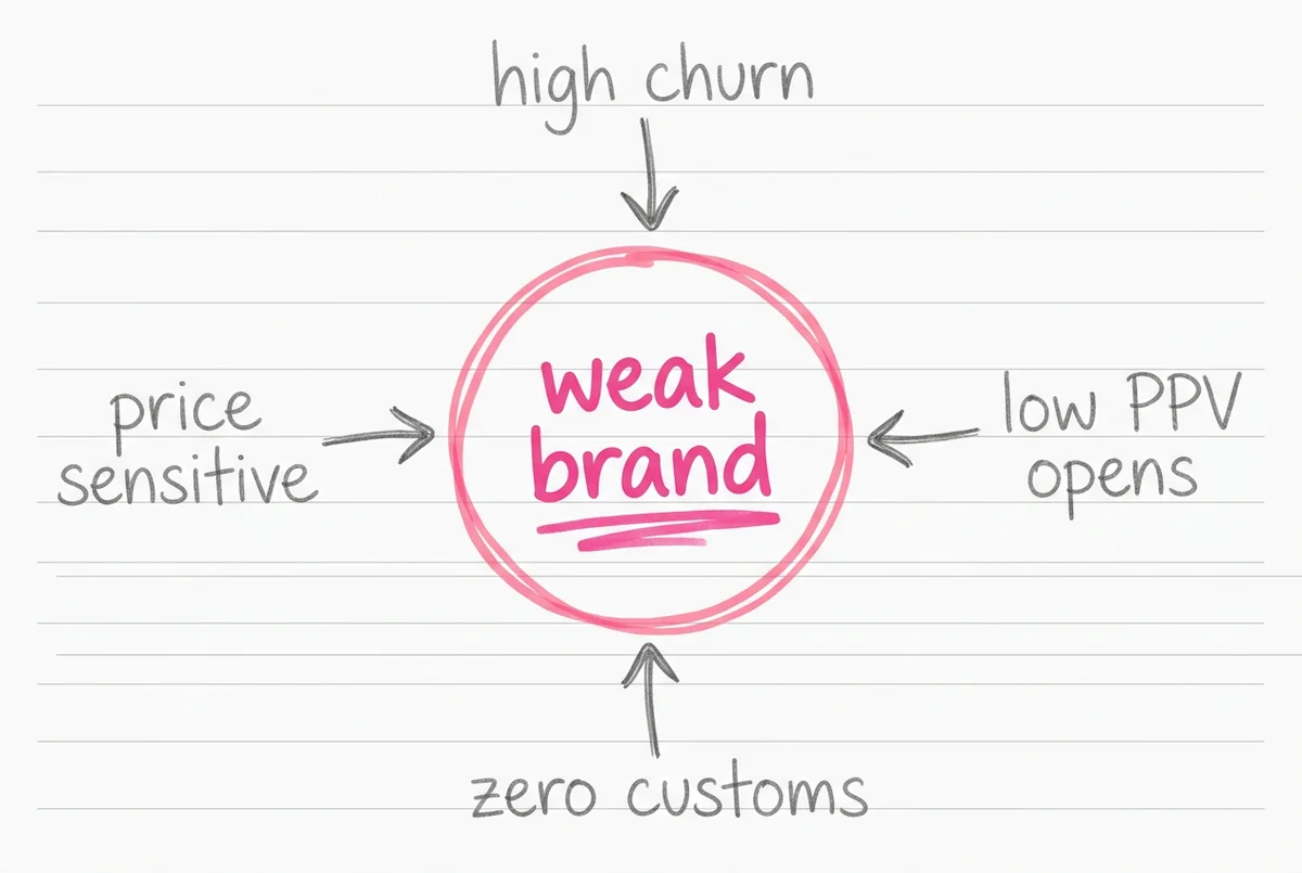 Diagrama de diagnóstico mostrando cuatro síntomas — alta rotación, bajas aperturas de PPV, cero customs, sensibilidad al precio — todos apuntando a marca débil como la causa raíz