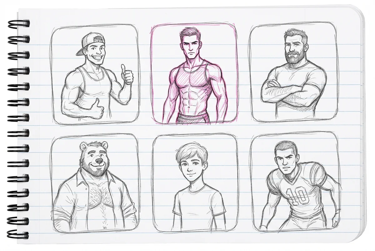 Seis arquetipos de creadores masculinos dibujados en una cuadrícula 2x3 — gym bro, modelo fitness, daddy, bear, twink, jock