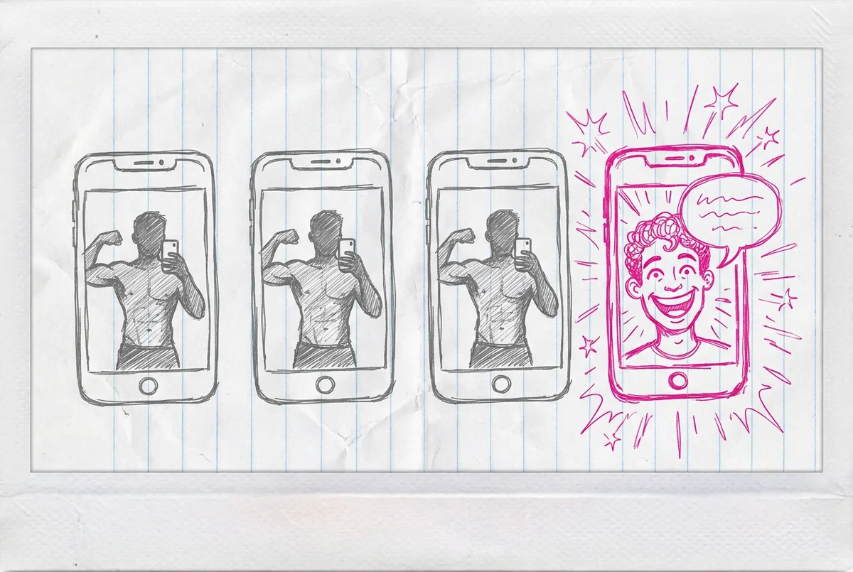 Cuatro pantallas de teléfono grises idénticas mostrando el mismo selfie sin camisa, un teléfono rosa a la derecha mostrando una cara sonriente con burbuja de diálogo — la personalidad destaca