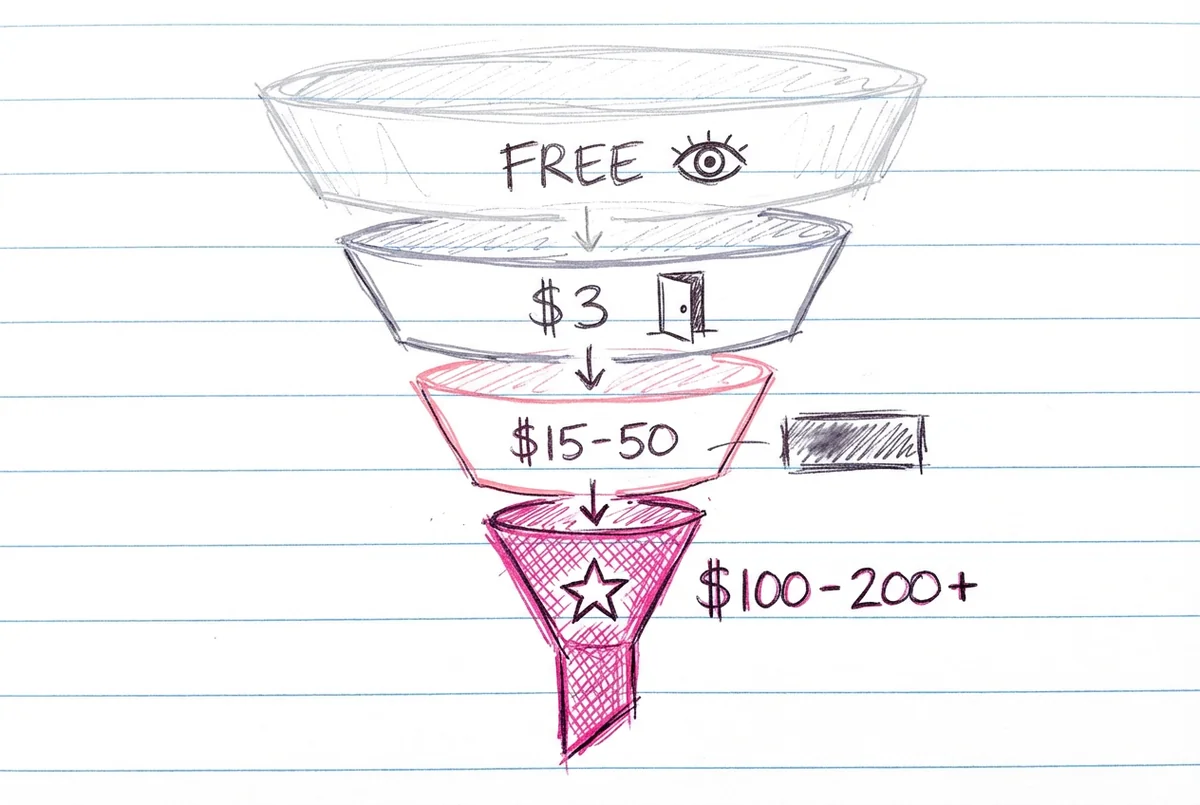 Diagrama de embudo mostrando etapas de gasto: contenido gratis arriba, suscripción en medio, PPV abajo, personalizados al fondo con montos de dólares crecientes en cada nivel