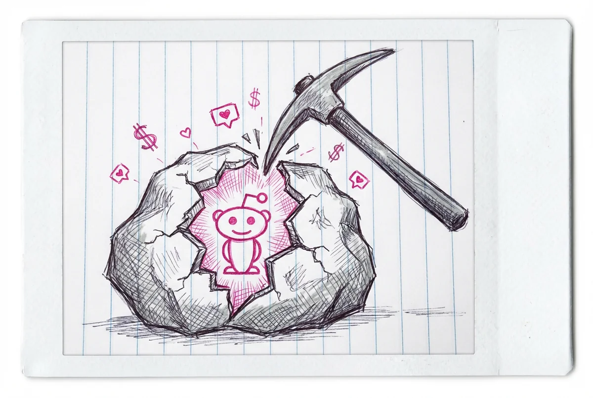 Скетч у зошиті із золотим злитком, прихованим всередині логотипу Reddit alien — Reddit — це недооцінена золота жила для трафіку креаторів