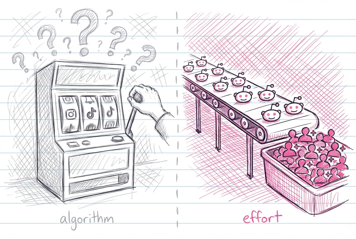 Скетч у зошиті з ігровим автоматом поруч із конвеєром — платформи на алгоритмах випадкові, Reddit винагороджує послідовні зусилля