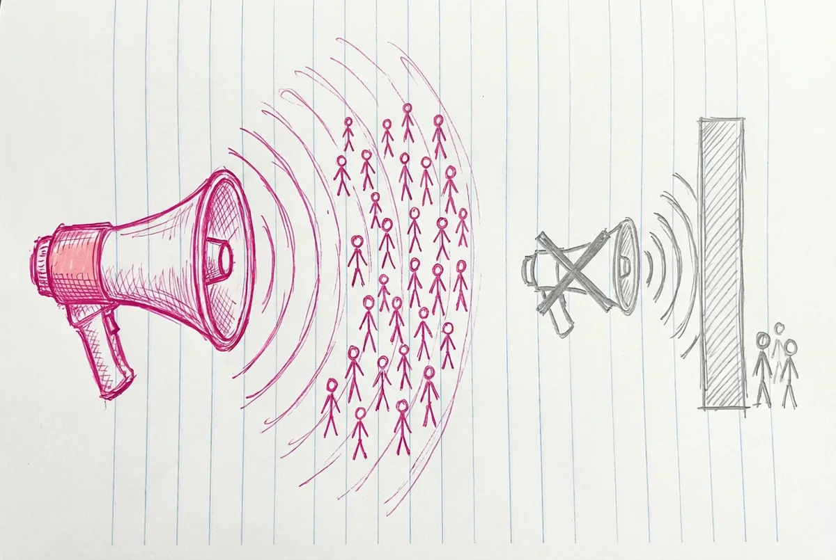 Скетч у зошиті з мегафоном з позначкою SFW, що транслює на натовп, проти вимкненого динаміка з позначкою NSFW, що не доходить майже ні до кого