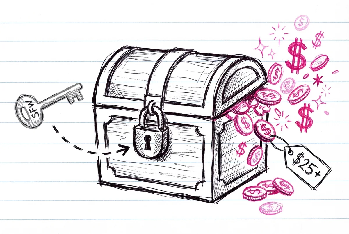 Скетч у зошиті із замкненою скринею скарбів з SFW ключем, що відкриває преміальний PPV дохід у вигляді рожевих монет